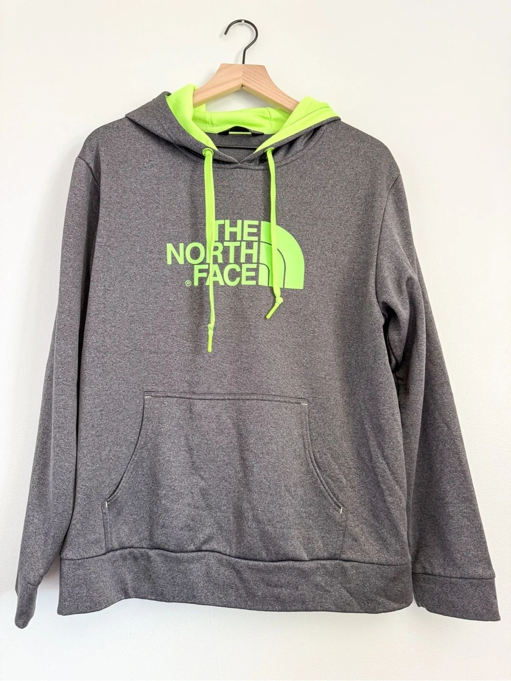 The North Face Hoodie Gray Neon Green Logo Pullover Sweatshirt Size L